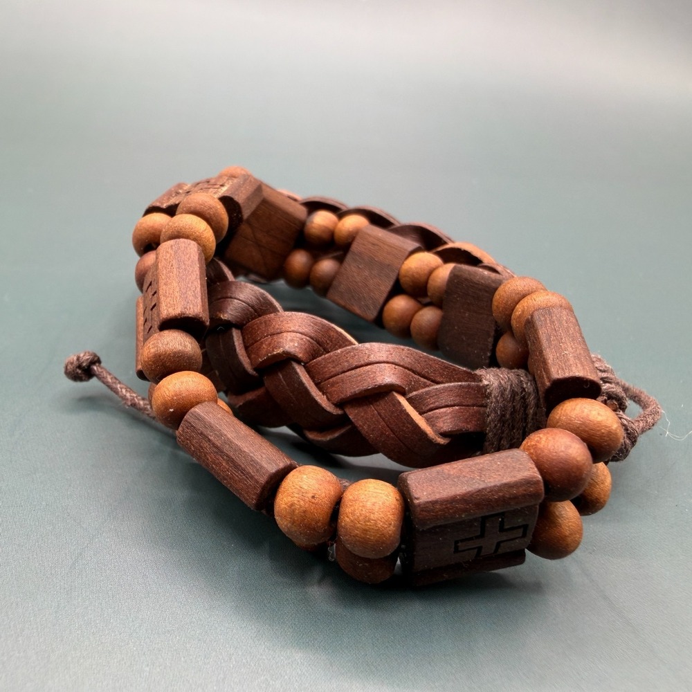 Set of 2 Brown Wooden Bead Braided Cord Cross Bracelets Boho Christian Gift Men - Picture 11 of 17